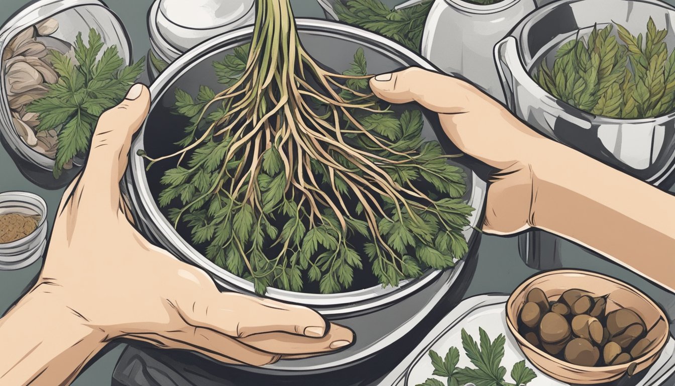 A person holding a handful of wild roots, examining them closely with a cautious expression. Nearby, a pot and cooking utensils suggest preparation for cooking