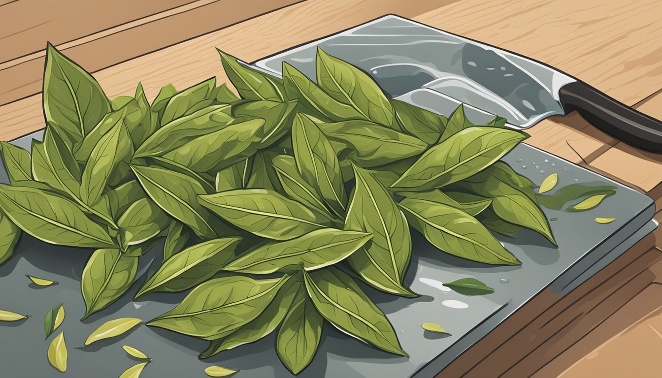 Bay leaves being rinsed under running water and placed on a cutting board for chopping