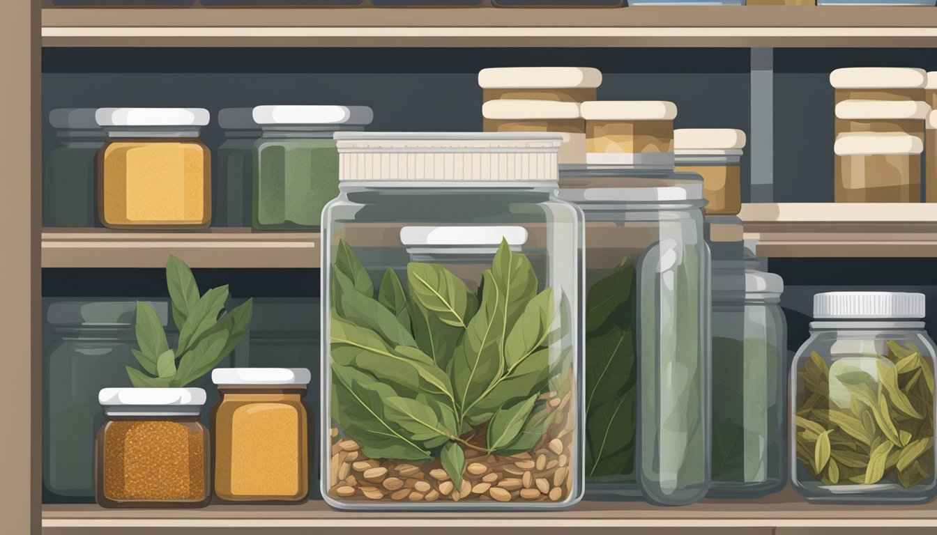 A jar of bay leaves sits on a shelf, sealed tightly with a label indicating the expiration date. Nearby, a spice rack holds various other herbs and seasonings