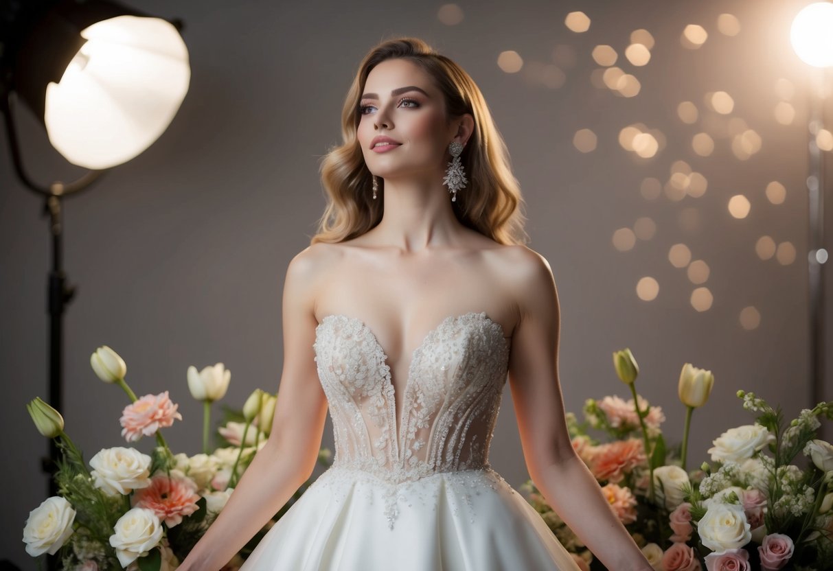 A woman in an elegant dress surrounded by flowers and a spotlight