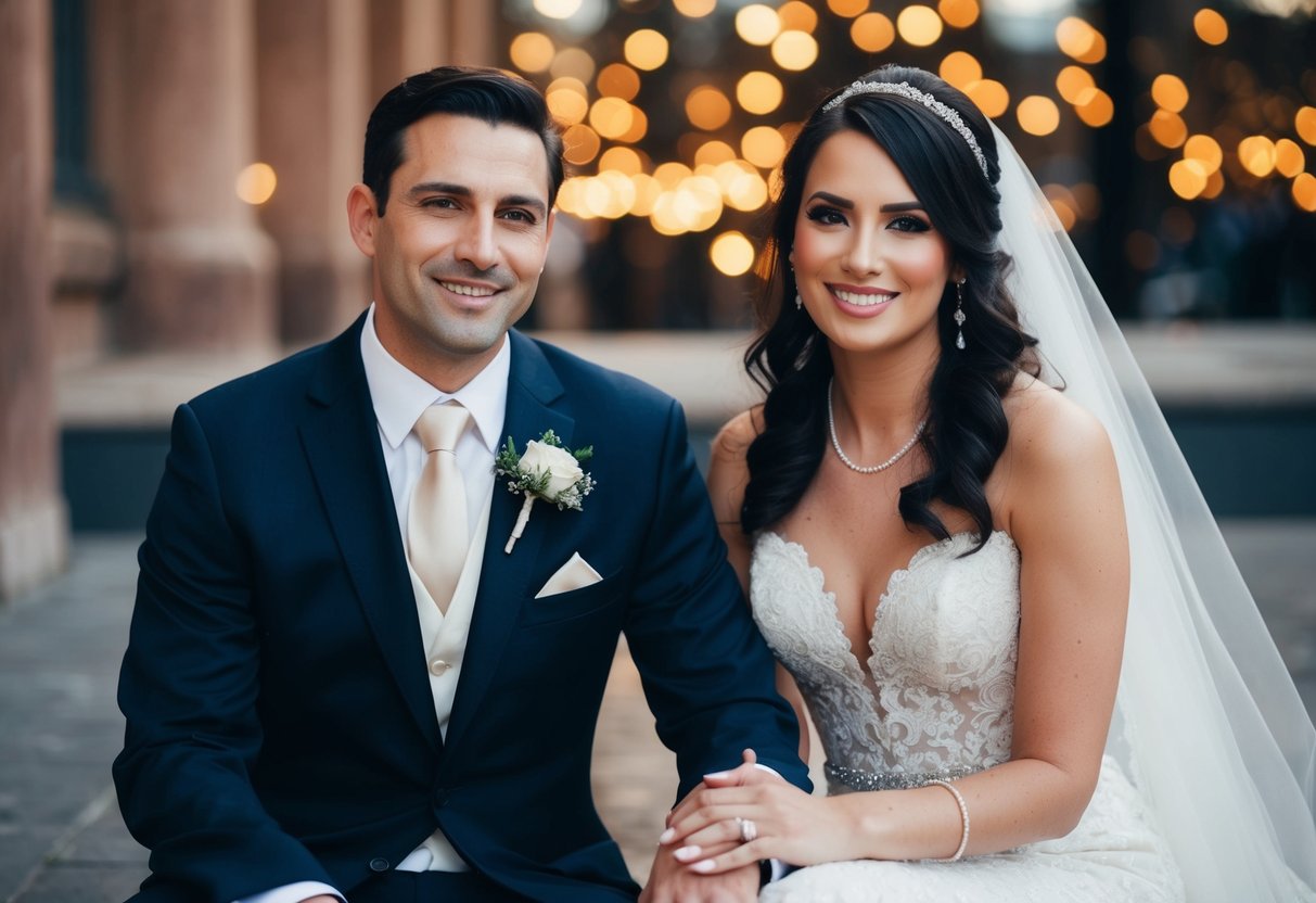 A man in a formal suit sits beside a woman in a wedding gown