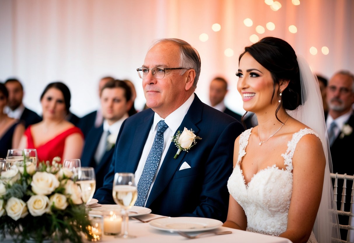 A father sits beside his daughter, the bride, at the head table
