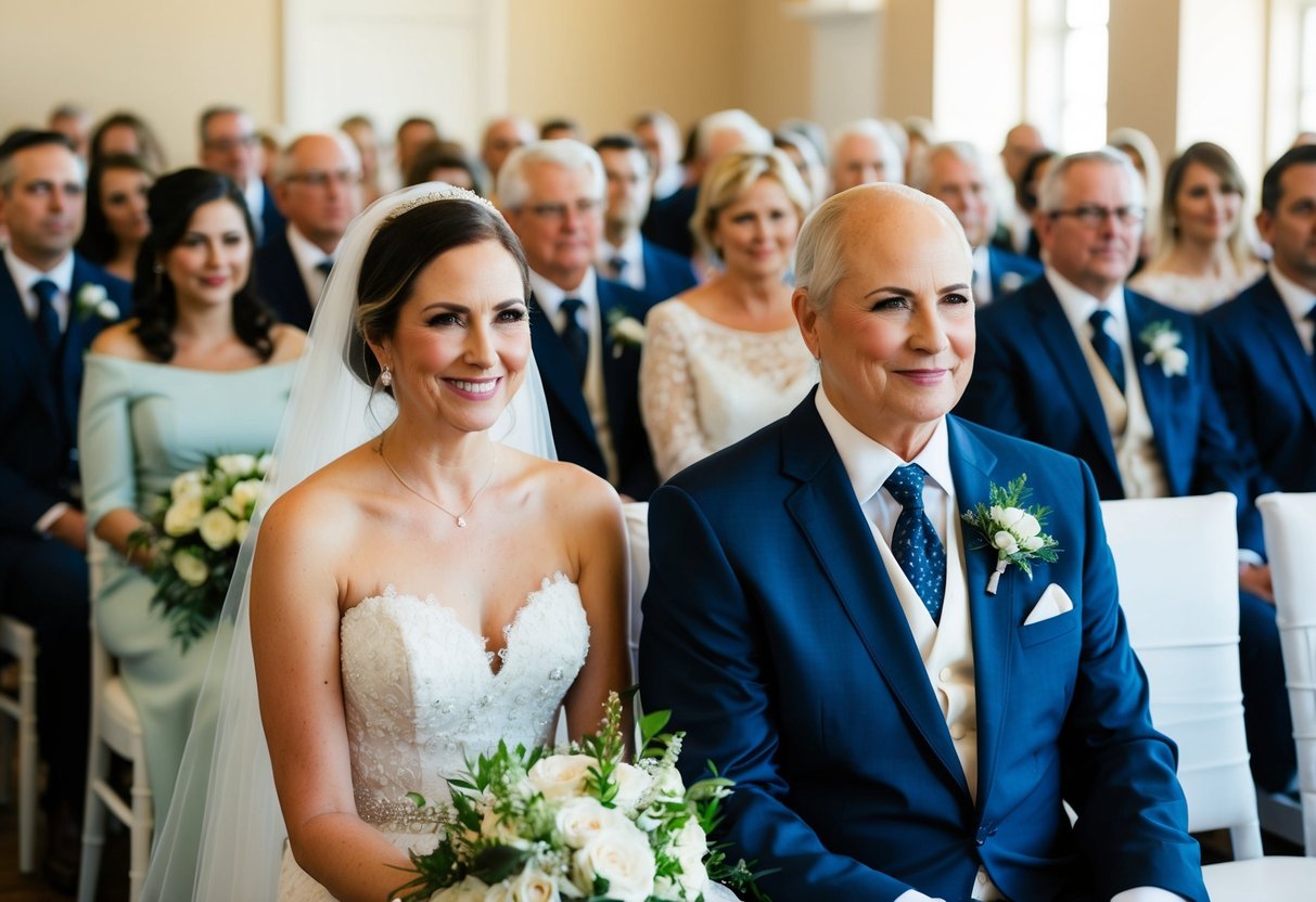 The father of the bride sits next to the bride in the front row of the ceremony seating, with the rest of the family and guests seated behind them