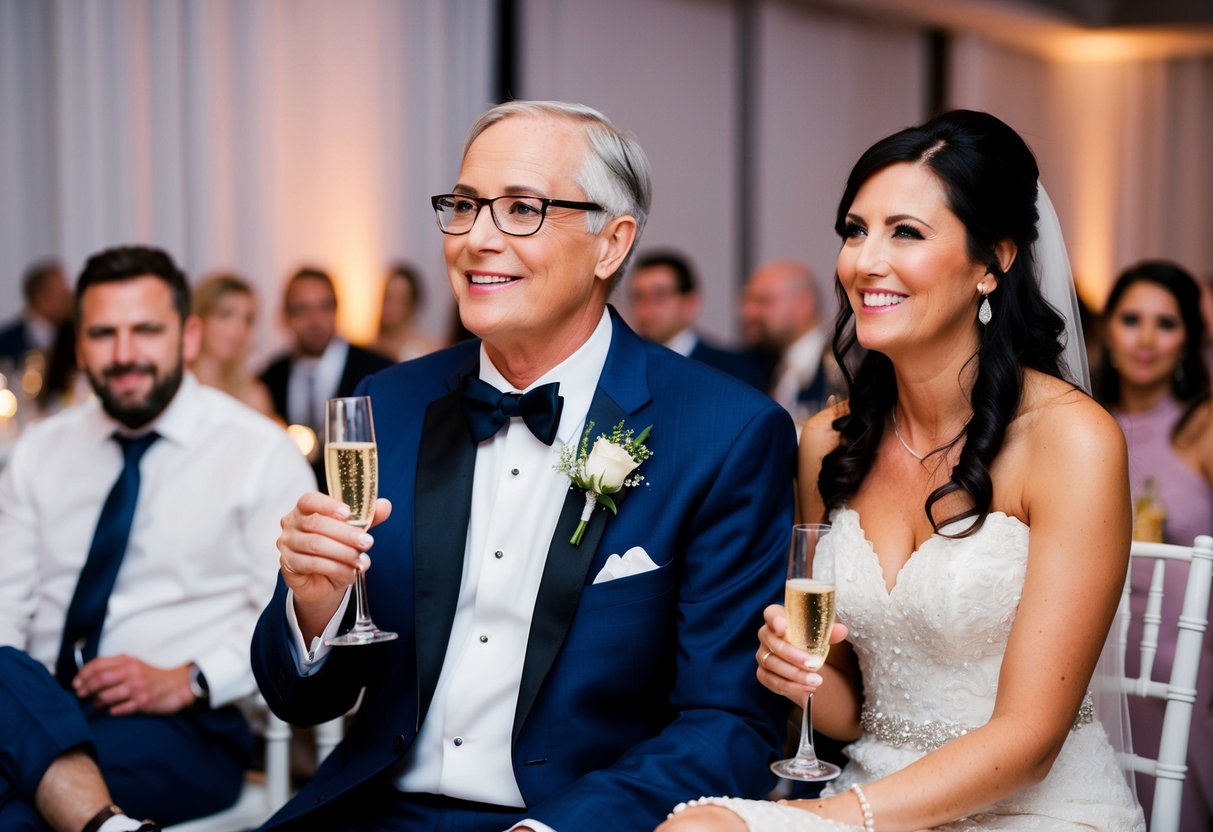 The father of the bride sits next to her, holding a glass of champagne, as they watch the reception festivities unfold