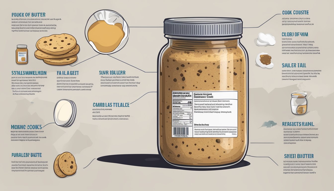 A jar of expired cookie butter with visible mold and a pungent odor, sitting next to a label listing its ingredients