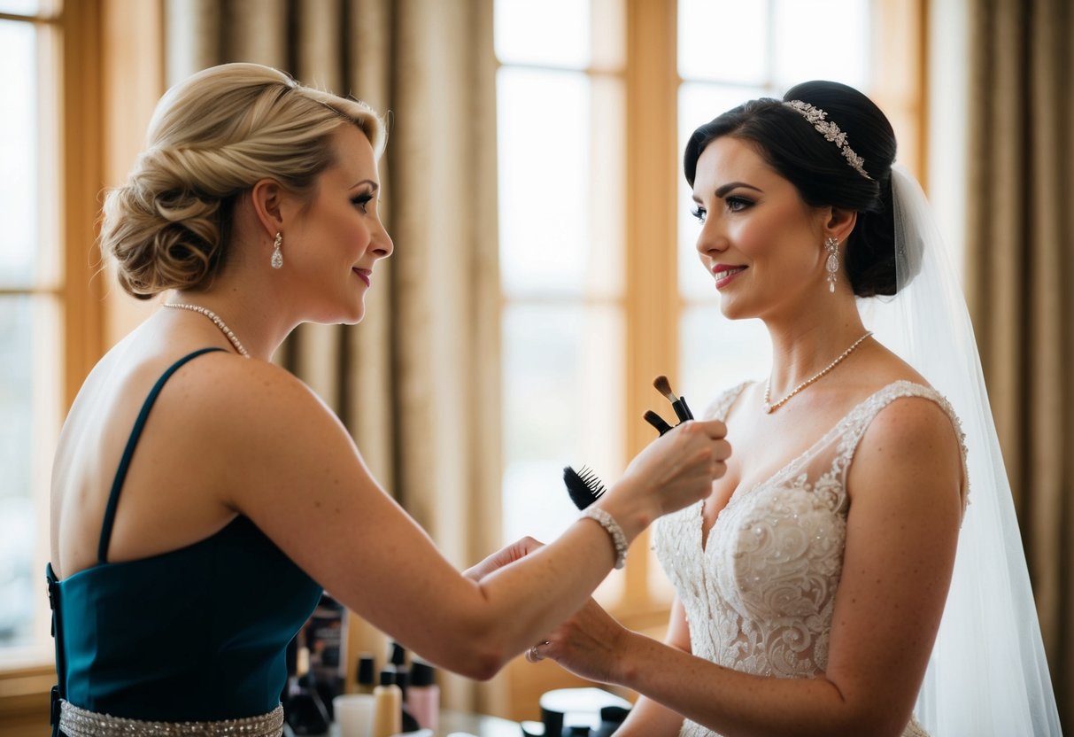 A woman in elegant attire assists another woman in a bridal gown with her hair and makeup