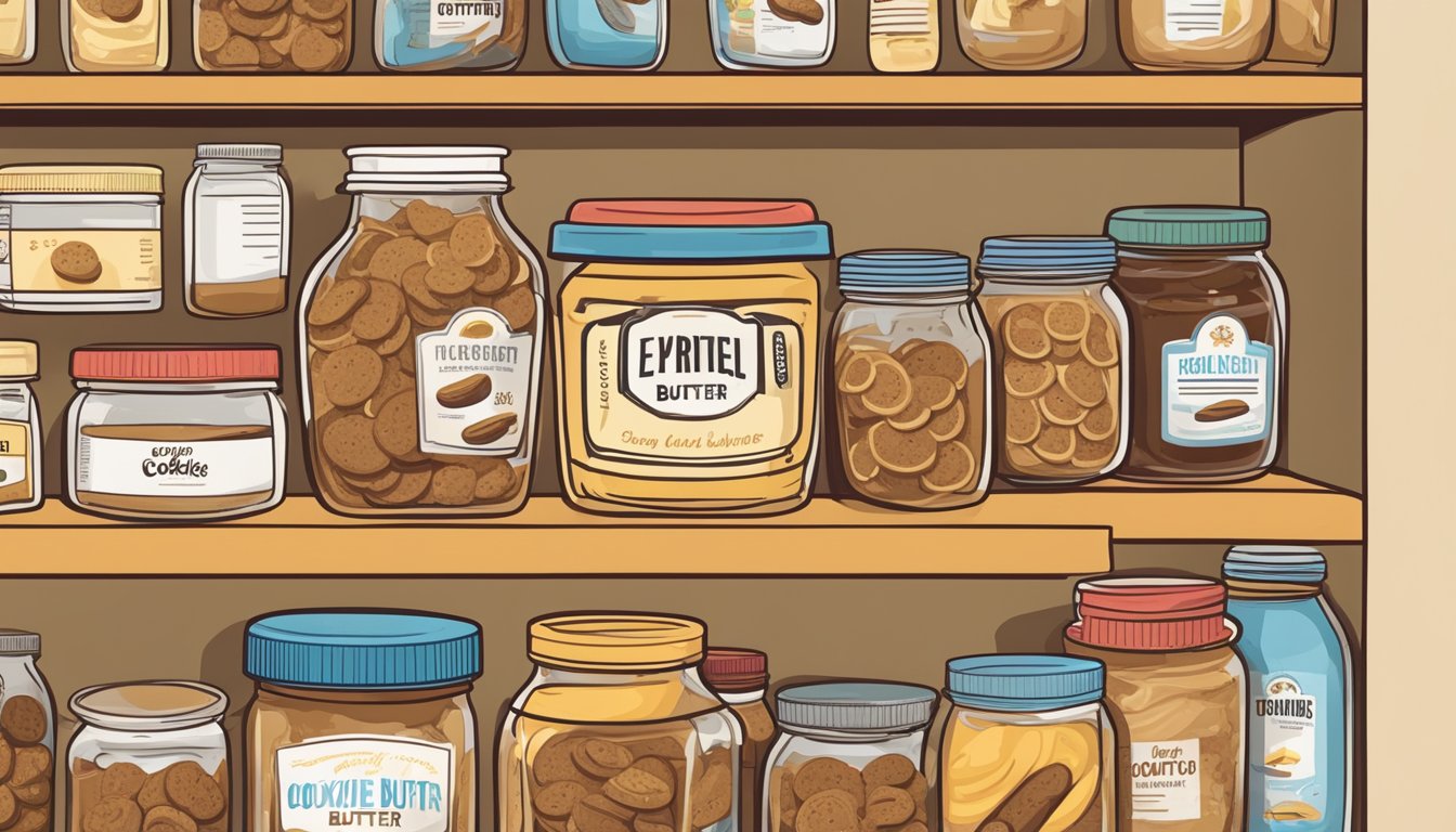 A jar of expired cookie butter on a kitchen shelf, surrounded by other food items. The label shows the expiration date