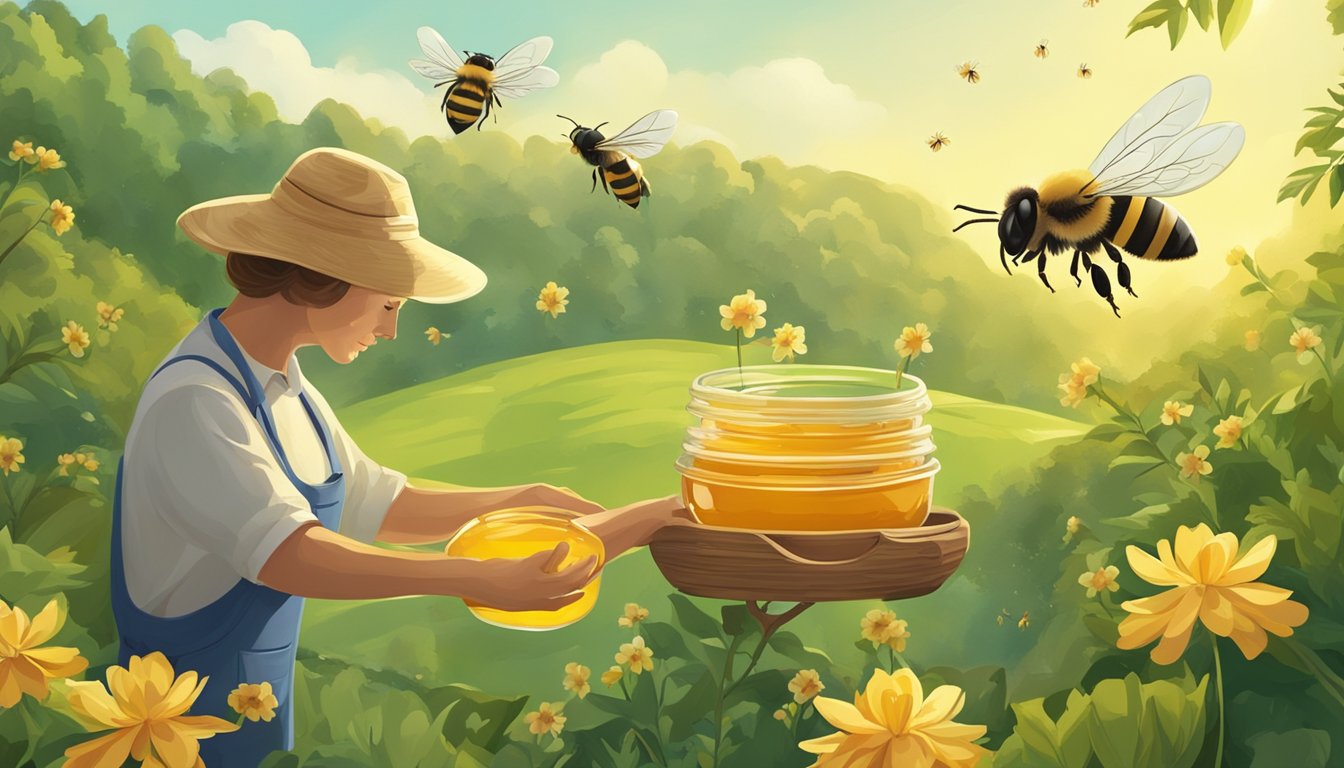 A person holding a spoonful of honey with bees flying around a beehive in a lush, green garden setting