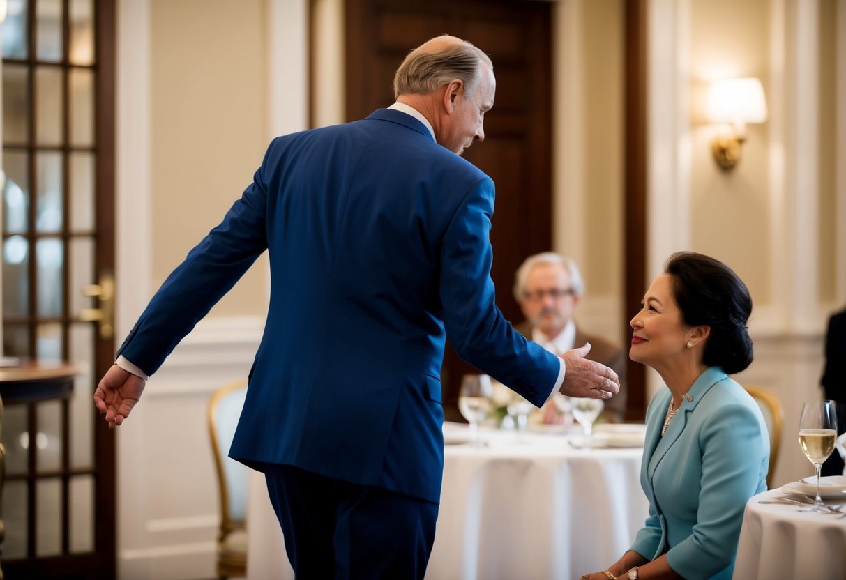 A gentleman rises as a lady leaves the table, showing respect and courtesy