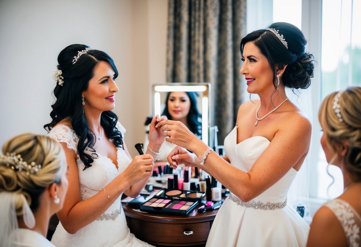 The mother of the bride helps her daughter get ready for the wedding, surrounded by makeup, hair accessories, and a beautiful dress