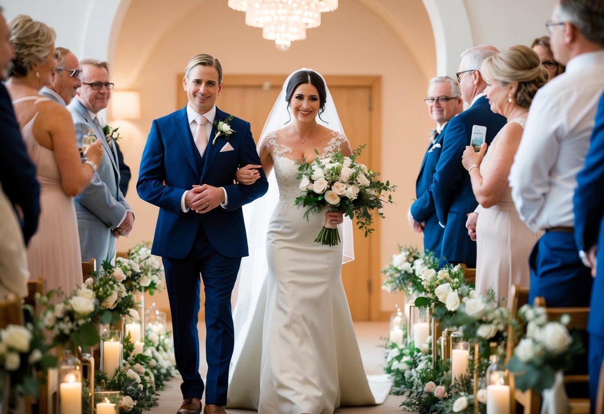 A figure leads the mother of the groom down the aisle, surrounded by soft lighting and delicate floral arrangements