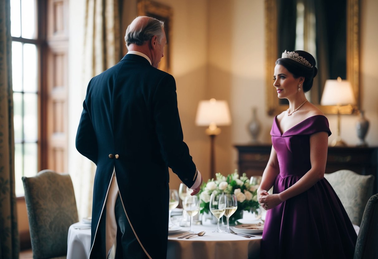 A gentleman rises as a lady leaves the dining table, showing respect in a historical setting