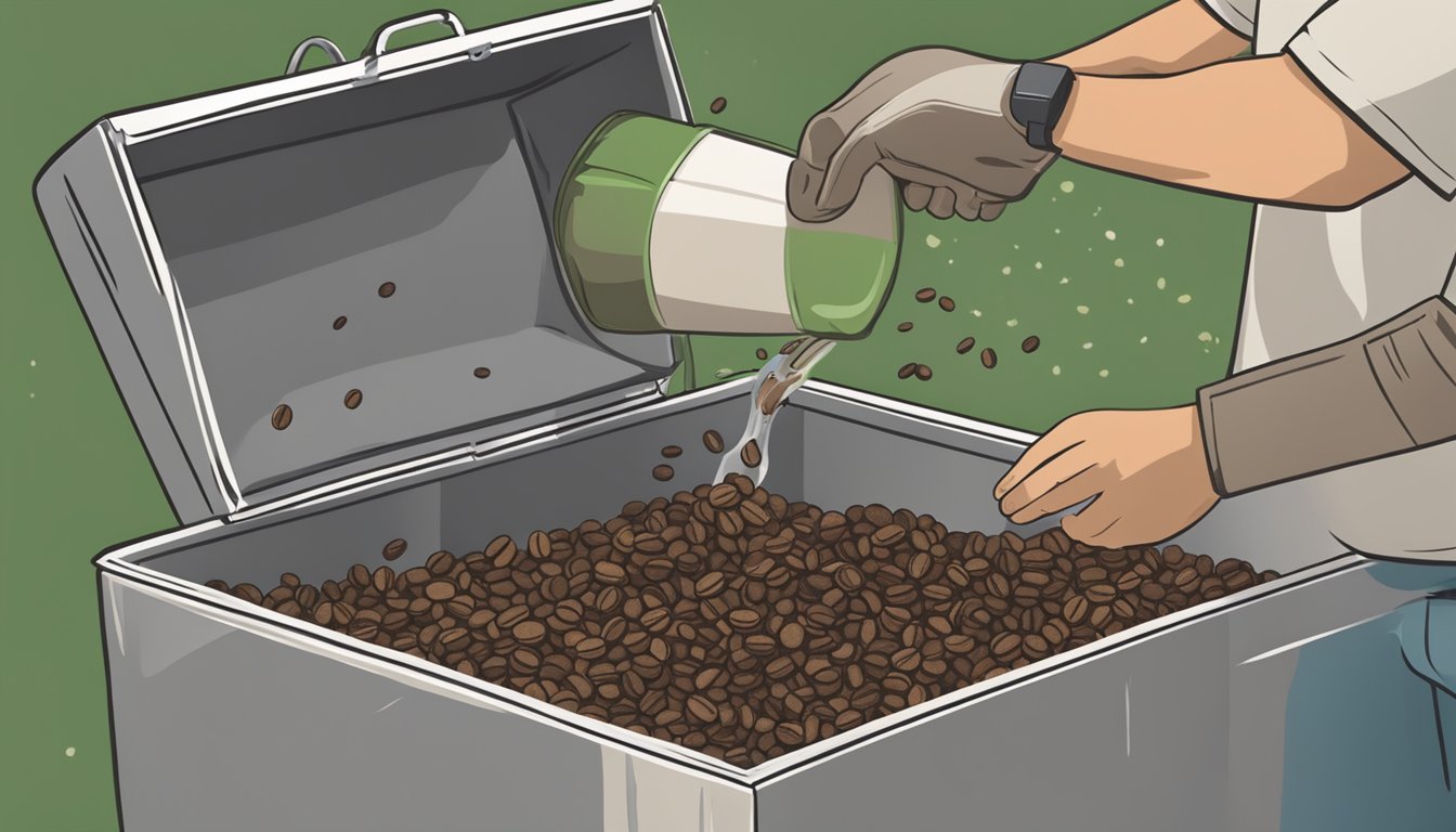 A person pouring expired coffee beans into a compost bin, with a faded expiration date on the package