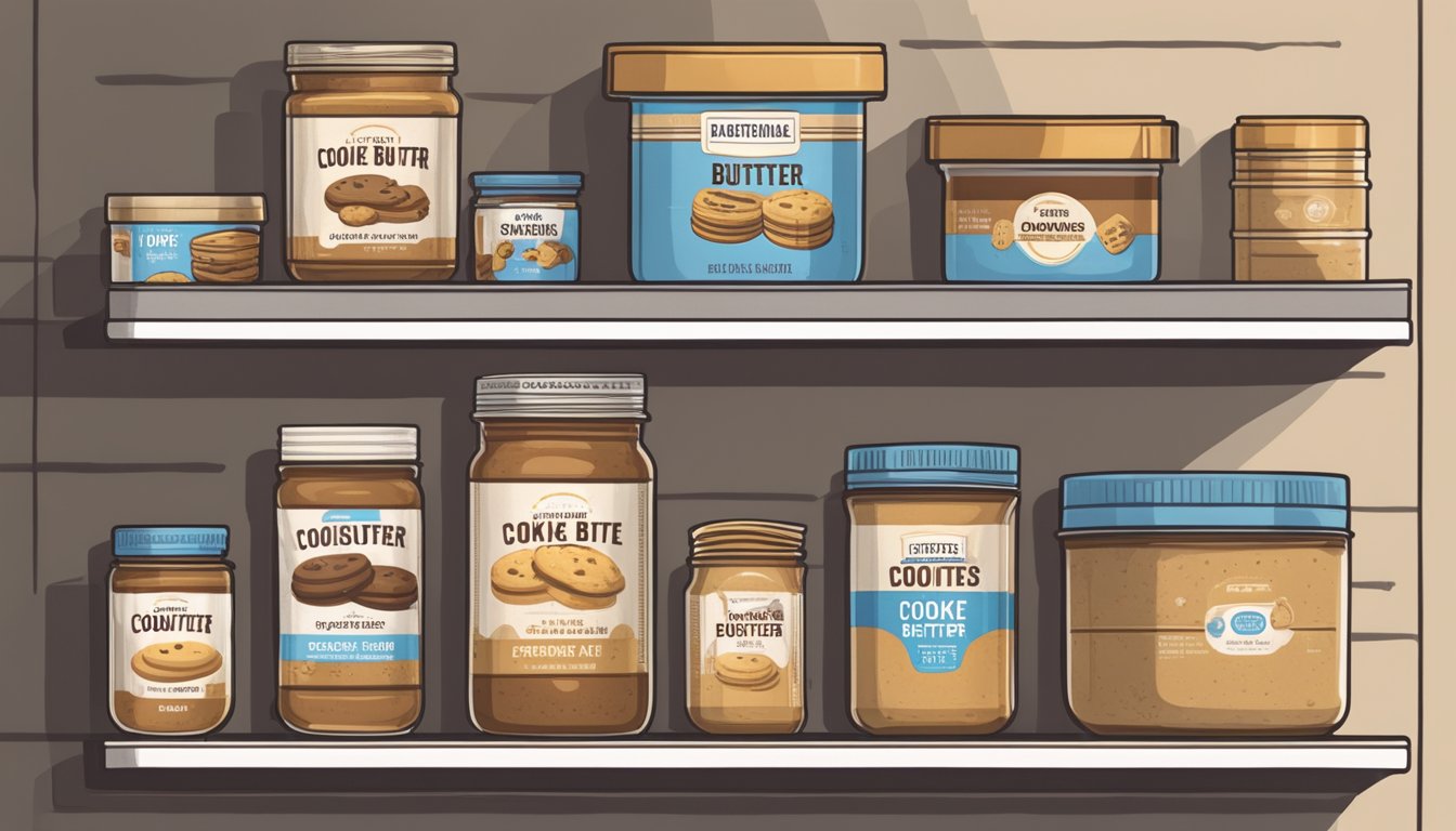 A jar of expired cookie butter sits on a shelf next to a stack of storage containers. The label is faded and the lid is slightly rusted