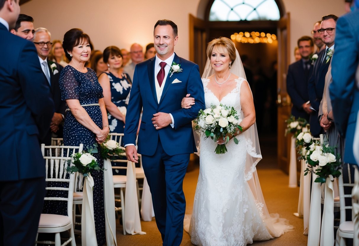 A man escorts the mother of the groom down the aisle
