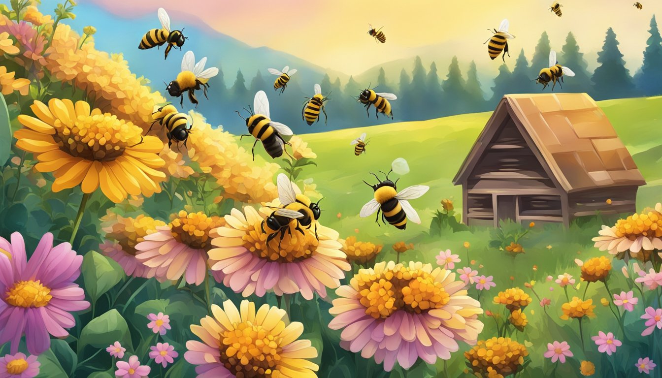 Bees buzzing around a field of colorful flowers, with a beehive in the background