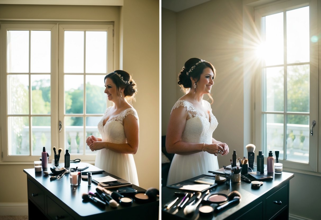 Mother and bride in separate rooms, both getting ready. Sunlight streams through windows, casting soft shadows. Makeup and hair tools scattered on tables