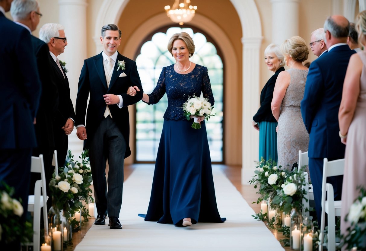 A graceful figure in formal attire leads the mother of the groom down the aisle, exuding elegance and poise