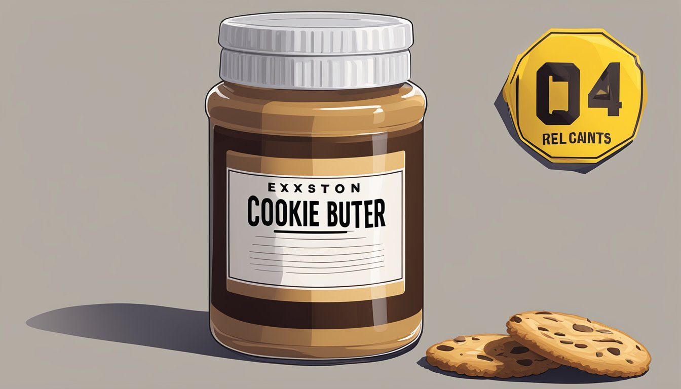 A jar of expired cookie butter with a visible expiration date and a caution sign next to it