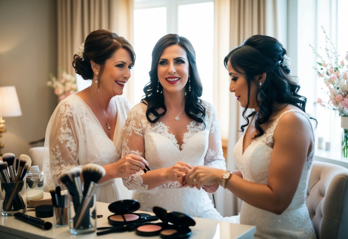 Mother and bride prepare together in a cozy, well-lit room with soft music playing in the background. Makeup and hair tools are neatly arranged on a vanity