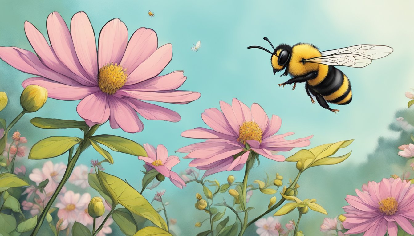 A bee hovering over a blooming flower, with a curious bird nearby