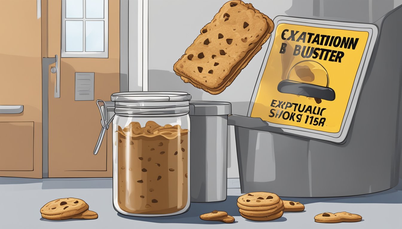 A jar of expired cookie butter being thrown into a trash bin with a caution sign next to it