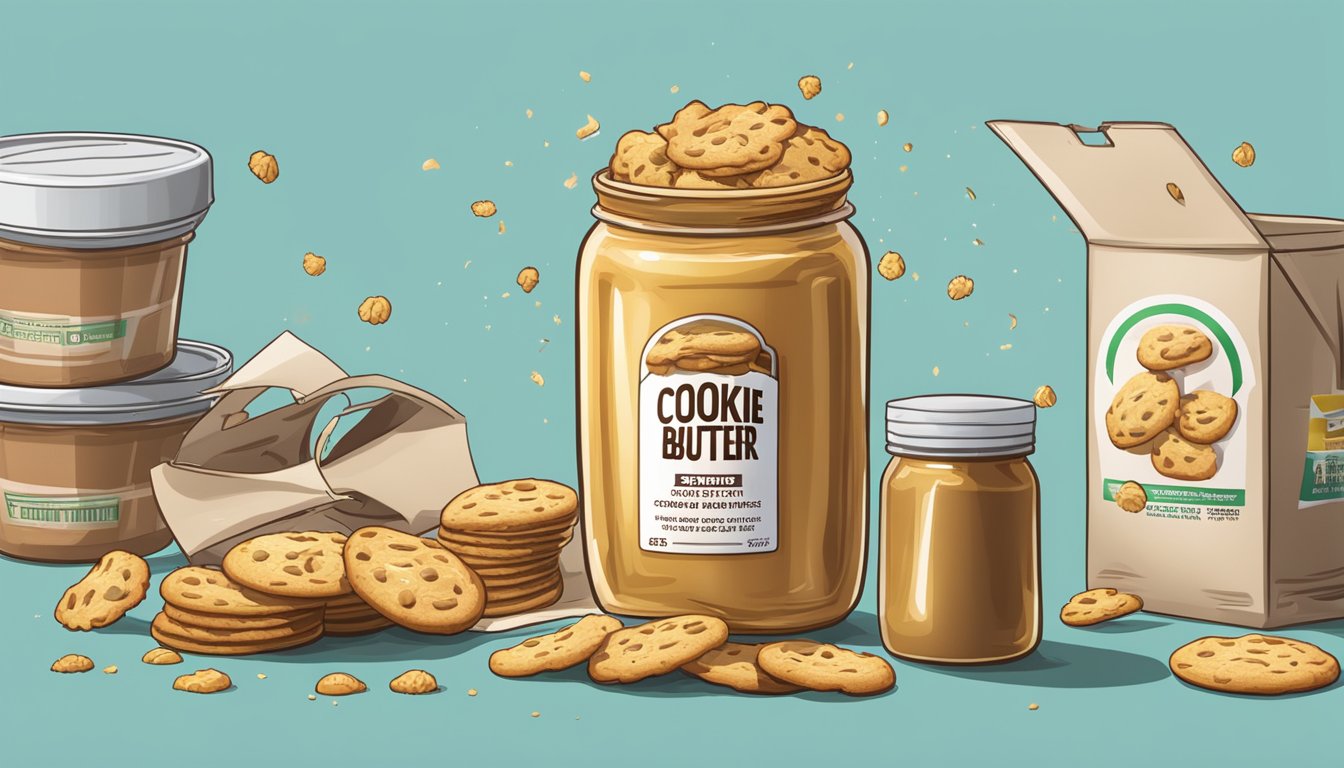 A jar of expired cookie butter being thrown into a trash can next to a stack of fresh, unopened butter products