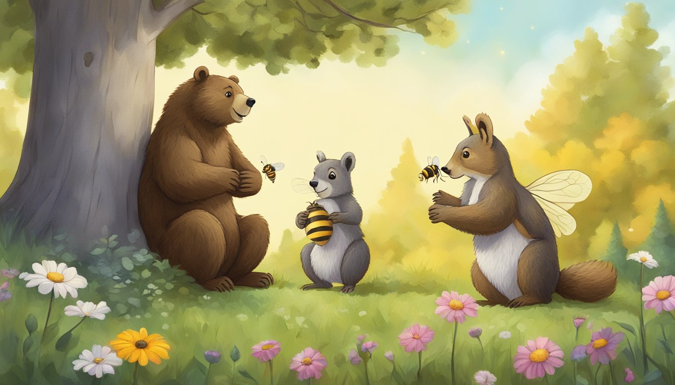 A curious bear sniffs a bee on a flower, while a cautious squirrel watches from a nearby tree