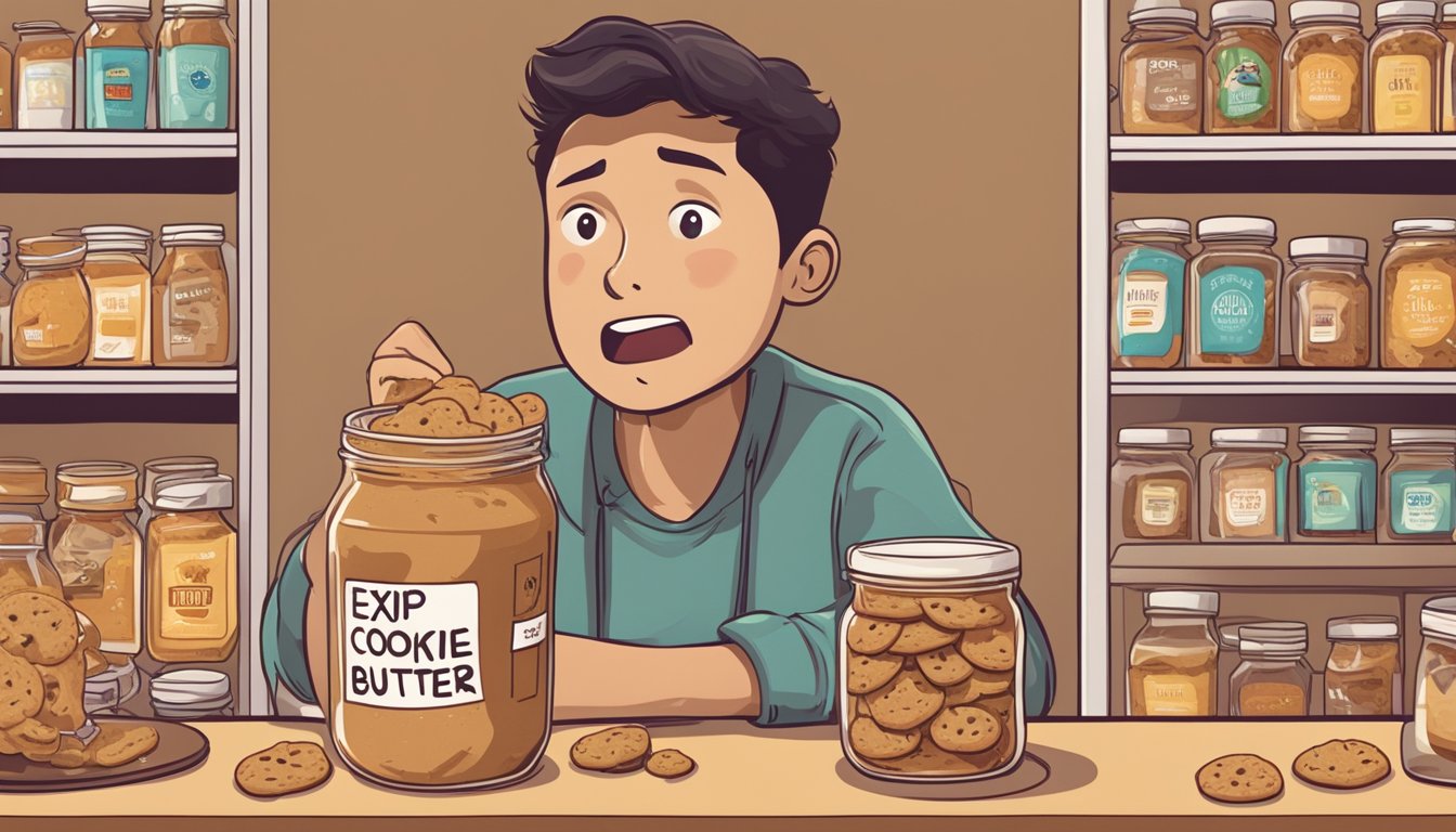 A jar of expired cookie butter with a visible expiration date on the label, surrounded by various food items and a concerned expression on a person's face