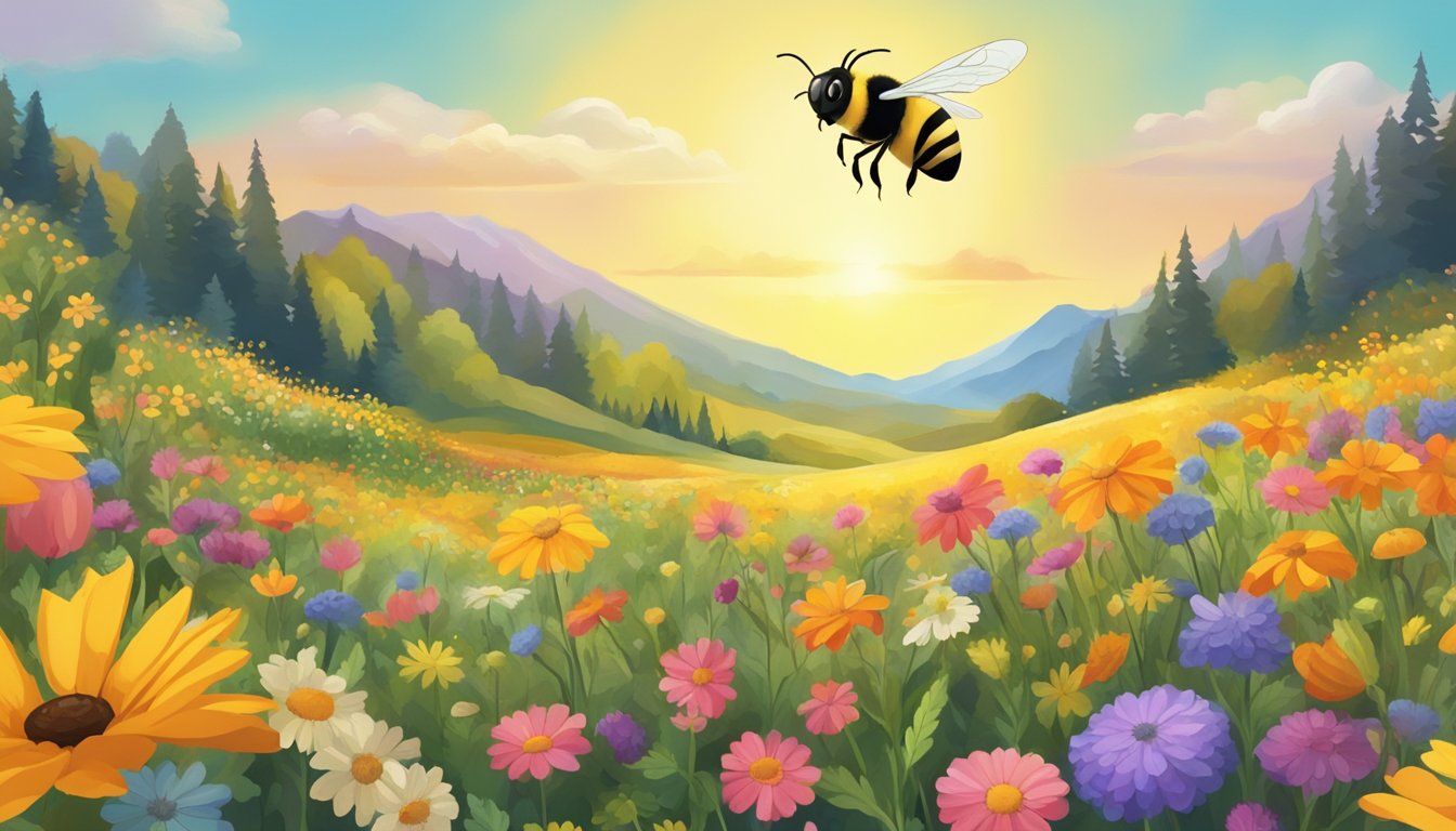 A bee hovering over a field of colorful wildflowers, with a jar of honey and a variety of fruits and vegetables nearby