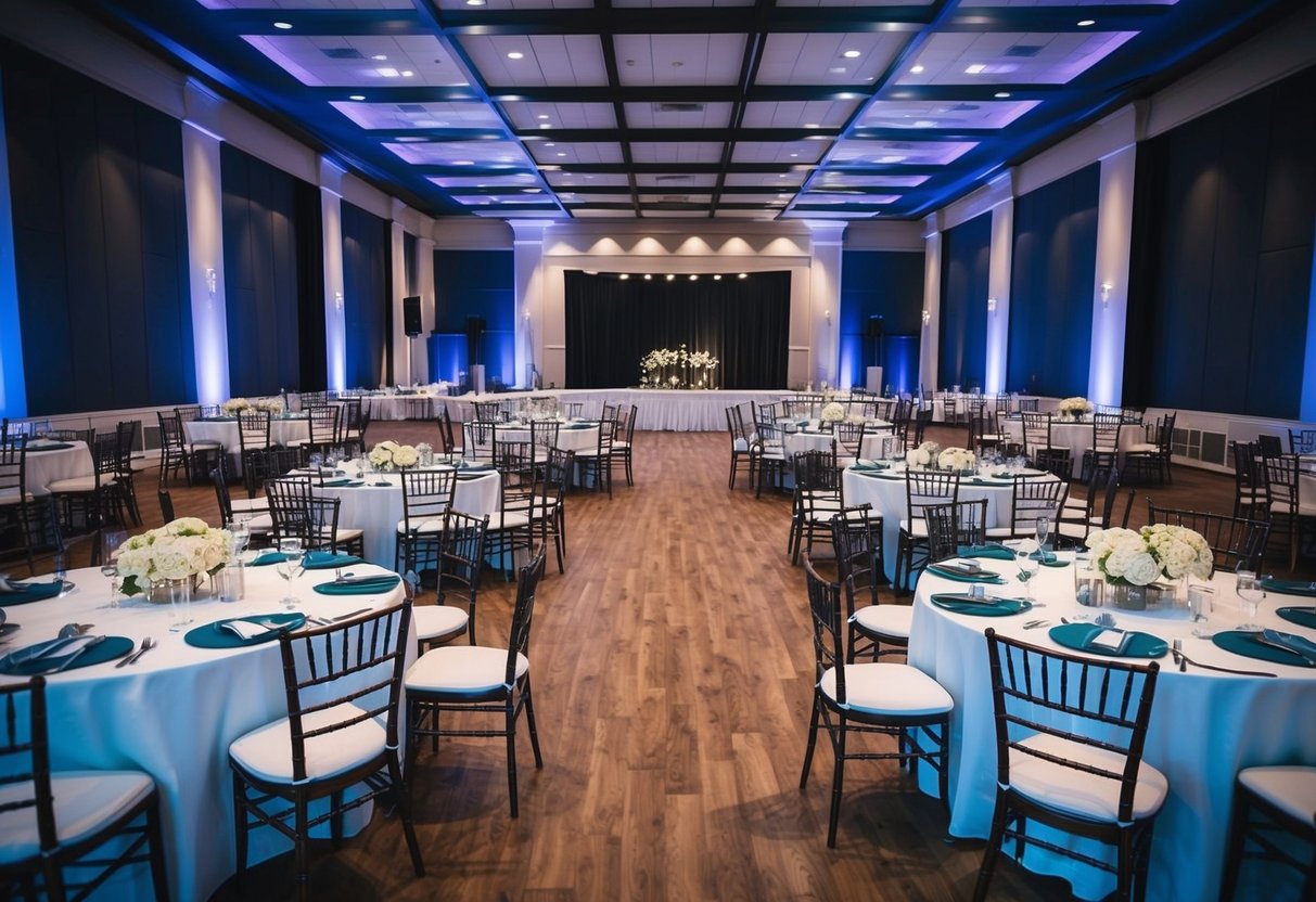 A large empty room with round tables and chairs arranged in a grid pattern, with a dance floor in the center