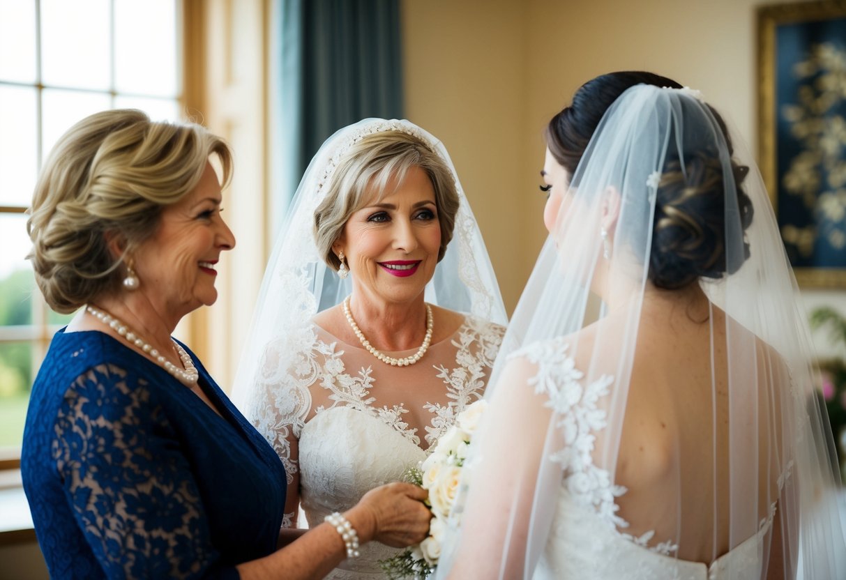 A mother-in-law presents a delicate lace veil to the bride