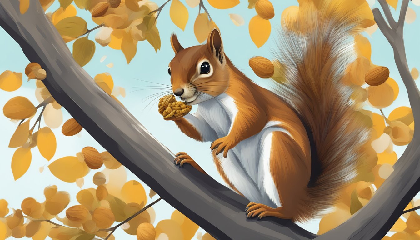 A squirrel perched on a tree branch, nibbling on a wild nut with caution. Fallen nuts scatter the ground below