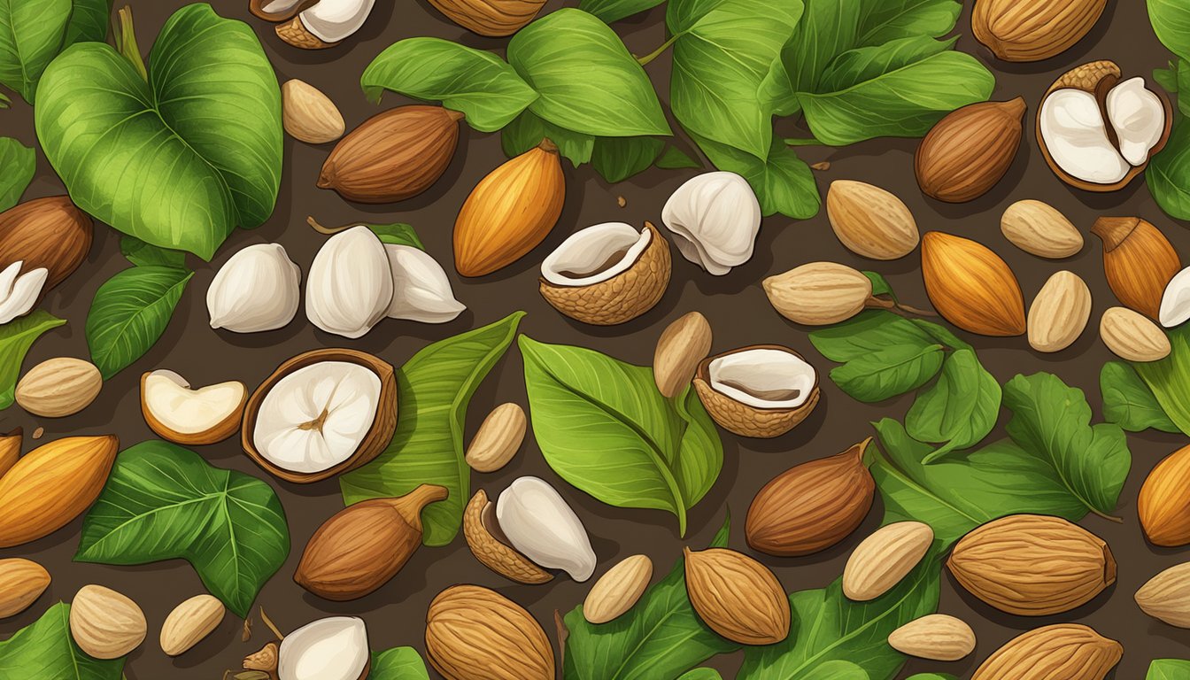 A variety of wild nuts, such as almonds, walnuts, and cashews, are scattered across a rustic wooden table, surrounded by vibrant green leaves and a few cracked shells