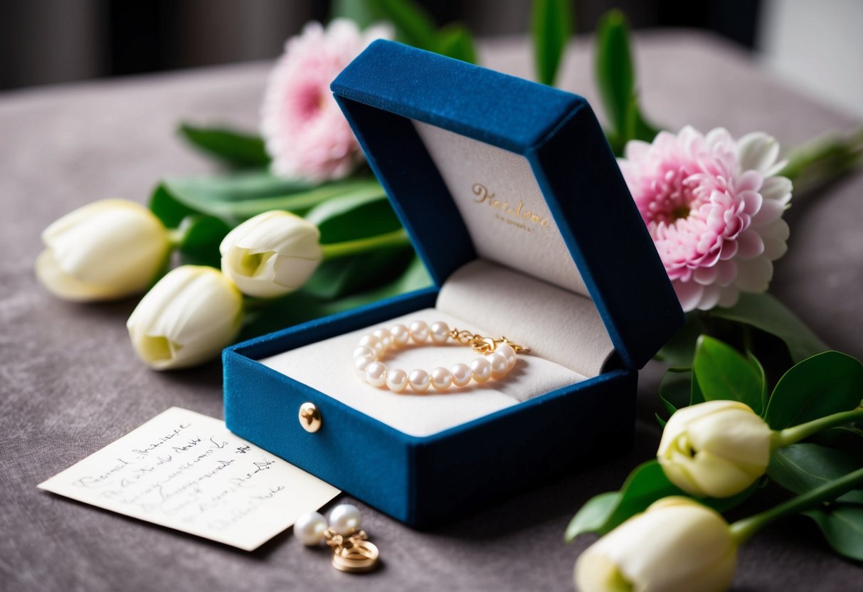 A delicate pearl necklace nestled in a velvet-lined jewelry box, surrounded by fresh flowers and a handwritten note