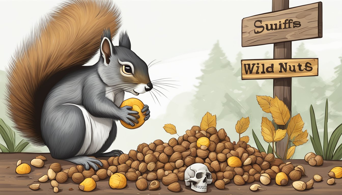 A squirrel cautiously sniffs a pile of wild nuts, while a warning sign with a skull and crossbones is posted nearby