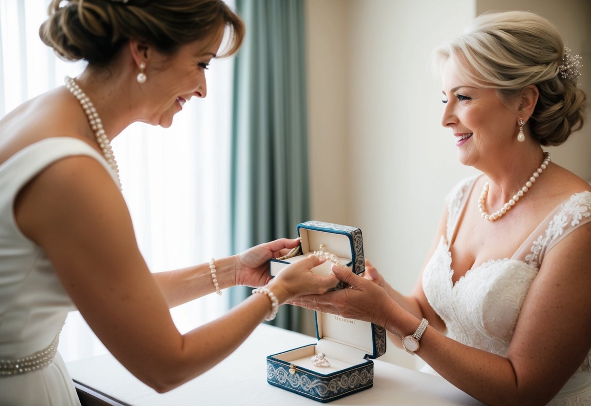 A mother-in-law presents the bride with a delicate pearl necklace, carefully placing it in a decorative jewelry box