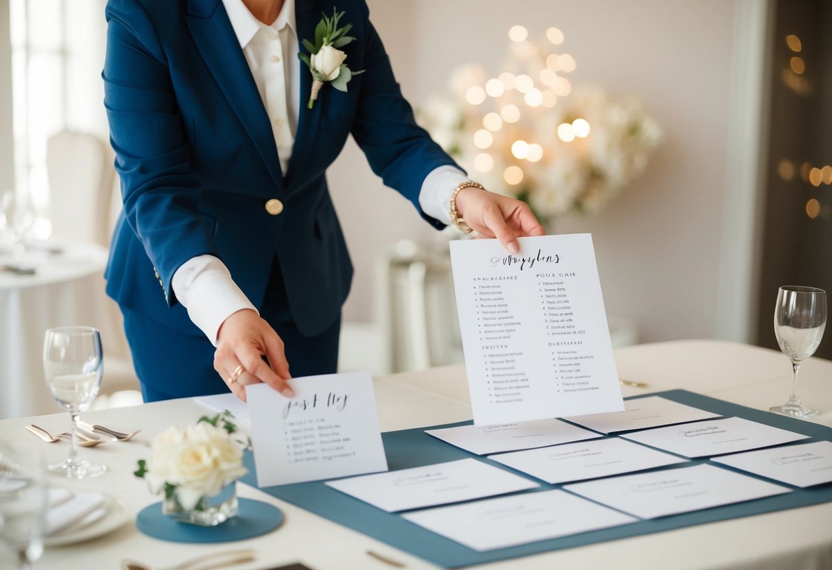 A wedding planner arranging seating cards on a table with a floor plan and guest list in hand