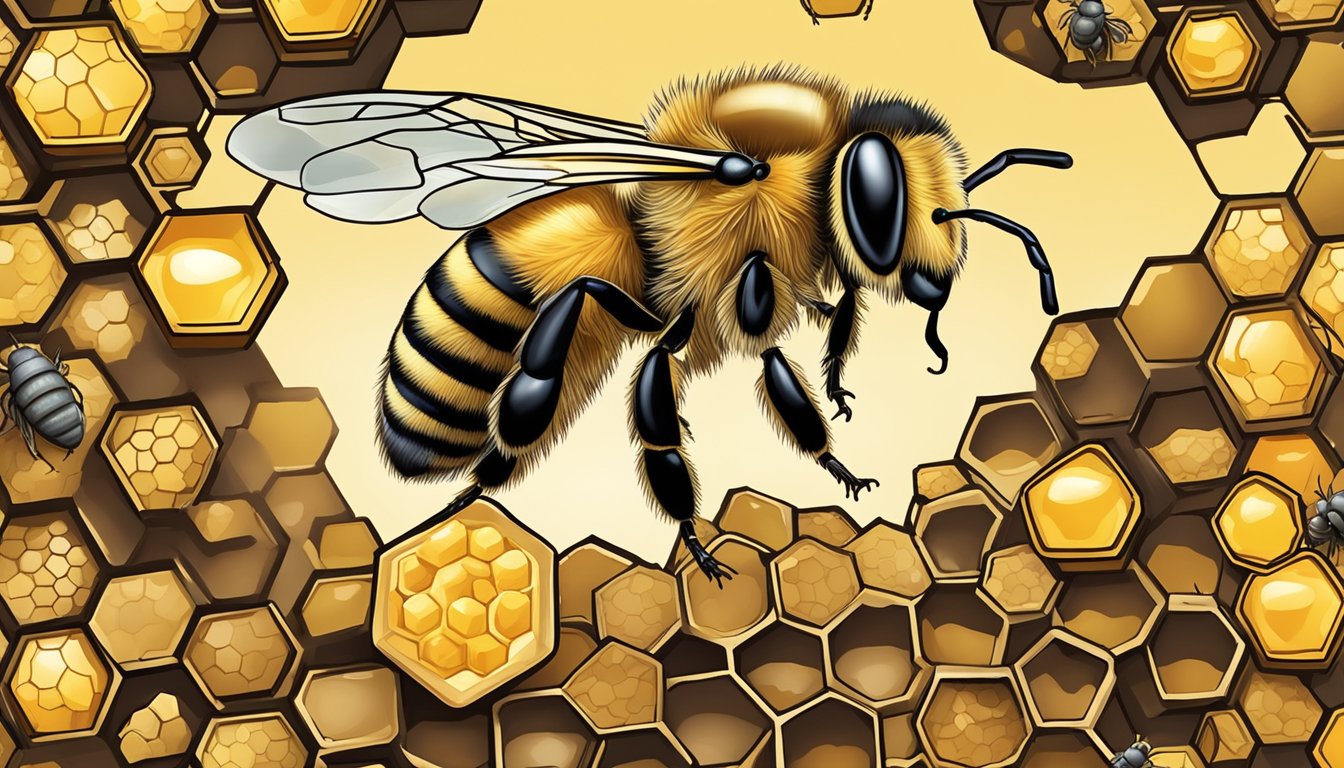 A honeybee perched on a hexagonal beeswax comb, surrounded by a cluster of other bees inside a beehive