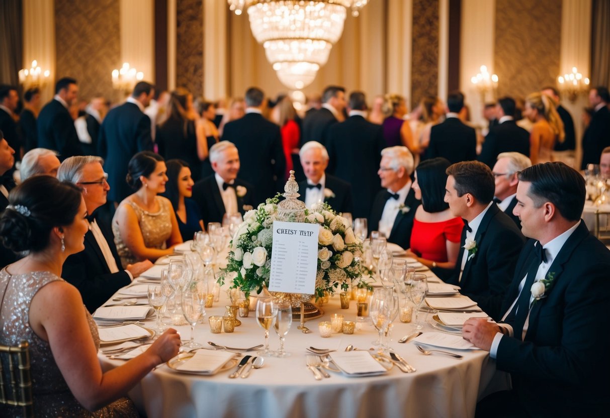 Guests gather around a grand banquet table, adorned with elegant decorations. A seating chart lies at the center, as attendees discuss who will sit at the coveted top table