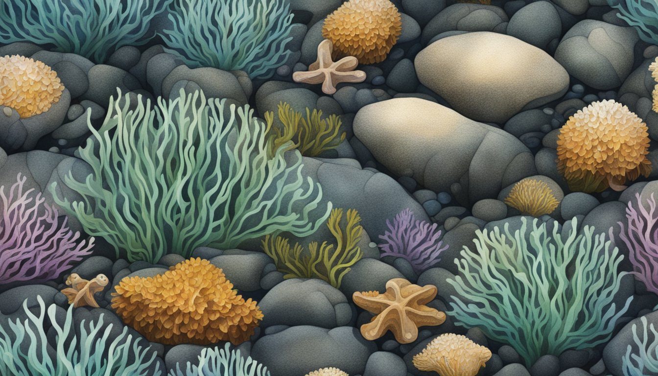 A close-up illustration of barnacles attached to a rocky surface, surrounded by seaweed and other marine organisms