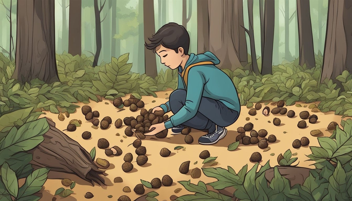 A person gathering wild nuts from the forest floor, inspecting and cracking them open before consuming