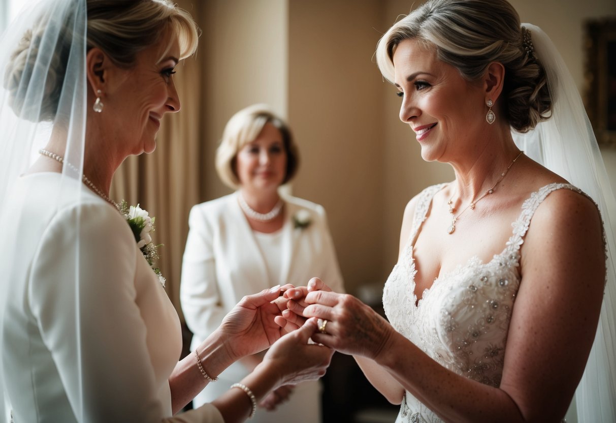 A mother-in-law presents a delicate heirloom necklace to the bride, symbolizing the continuation of their bond beyond the wedding day