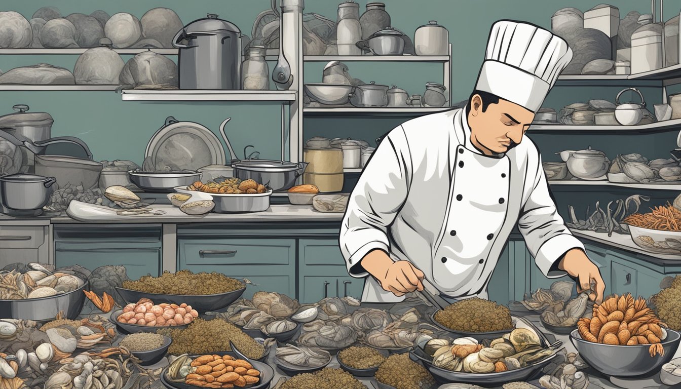 A chef carefully inspects a cluster of barnacles, surrounded by various seafood and cooking utensils, with a questioning expression on their face