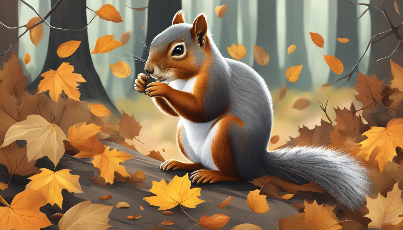 A squirrel gathering wild nuts from the forest floor, surrounded by fallen leaves and branches