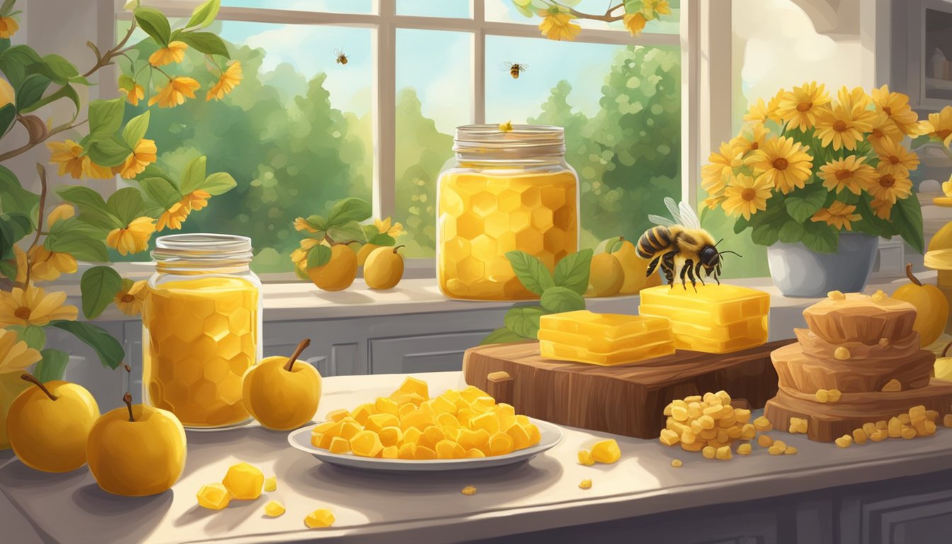 A jar of golden beeswax sits on a kitchen counter, surrounded by fruits and baked goods. A worker bee hovers near a beehive in a lush garden