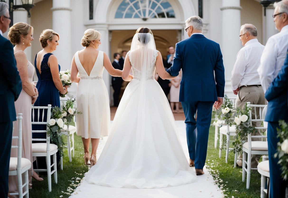 A bride stands at the end of an aisle, flanked by her parents, as they lead her towards her partner