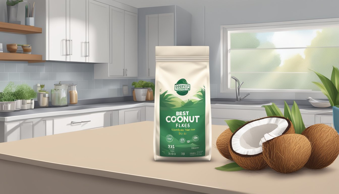 A bag of expired coconut flakes next to a "best by" date on a kitchen counter