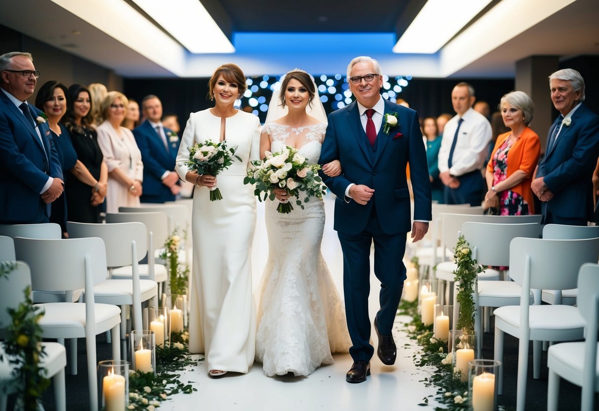 A bride and her parents walk down a modern aisle, surrounded by contemporary decor and lighting