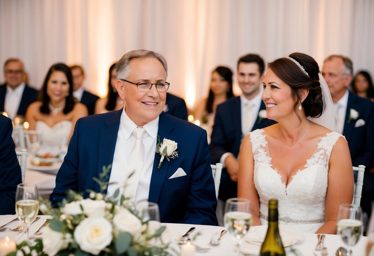 Parents of the bride and groom sit at the front of the reception, near the head table, with a clear view of the couple